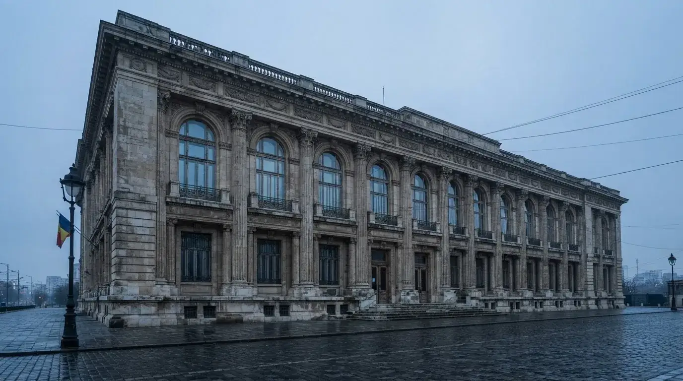 Fațada de piatră a unei clădiri guvernamentale din București, în lumina rece a zorilor — aparate de păcănele în românia