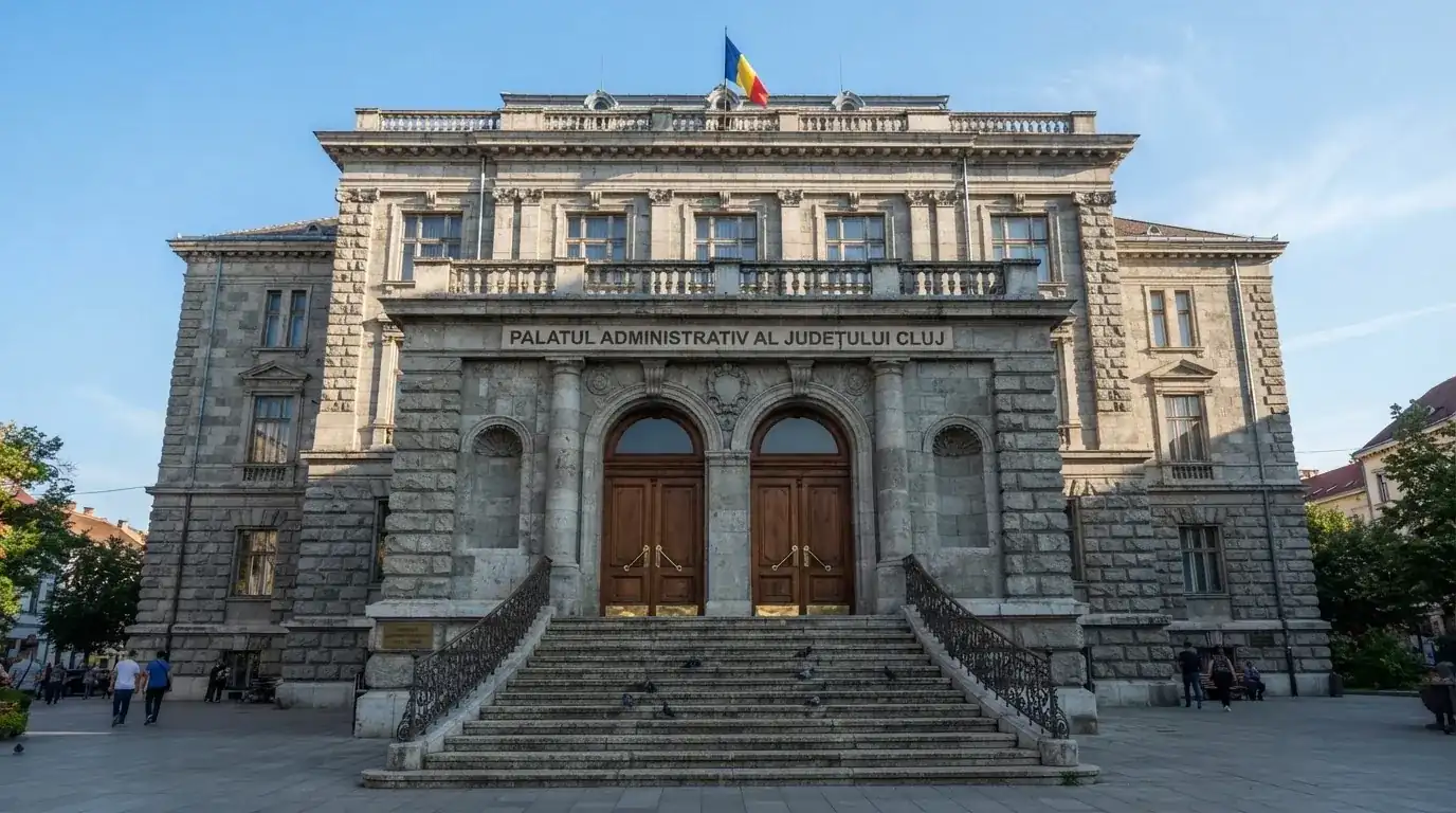 Clădire oficială din piatră cenușie cu uși înalte de stejar, fotografiată frontal într-o dimineață însorită.