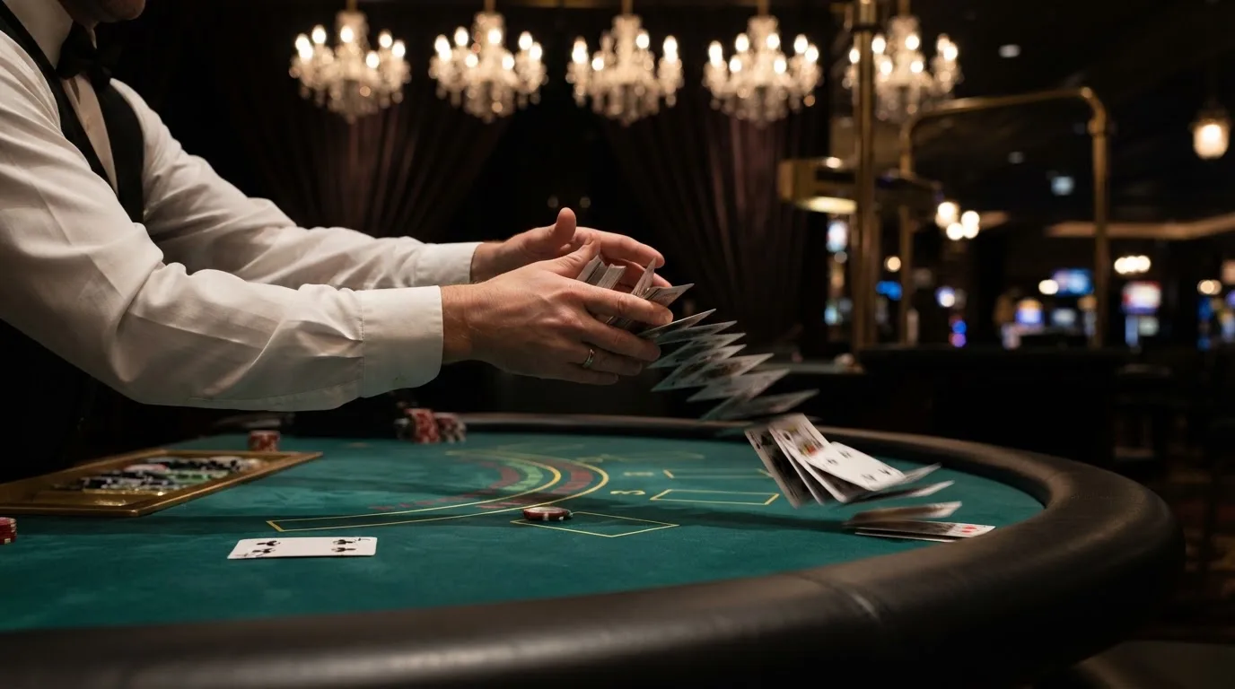 Mâinile unui crupier amestecă cărțile sub candelabrele unui cazinou elegant — blackjack reguli pentru români