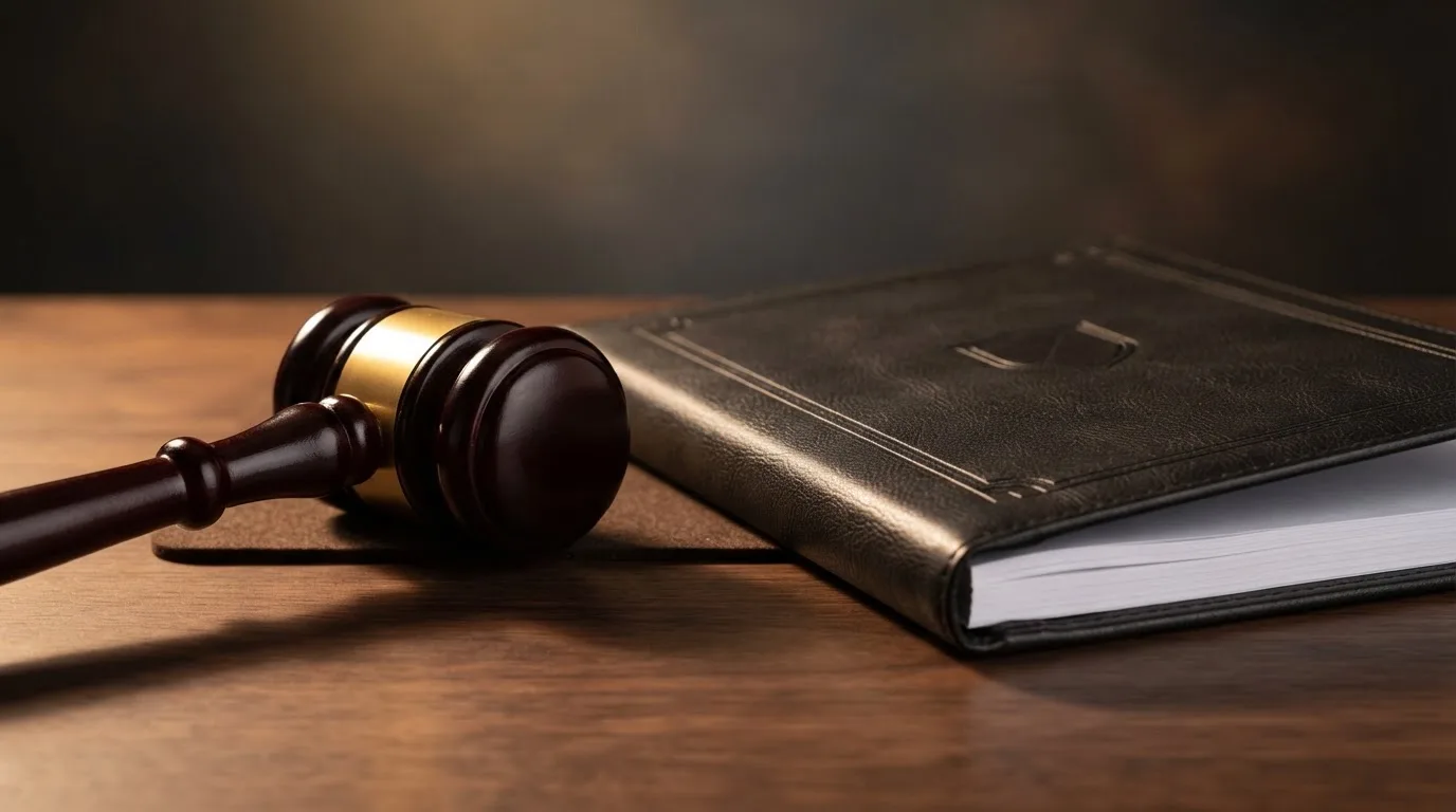Un ciocan de judecător lângă un dosar de piele închis, pe o masă de nuc lustruit — bune cazinouri în românia