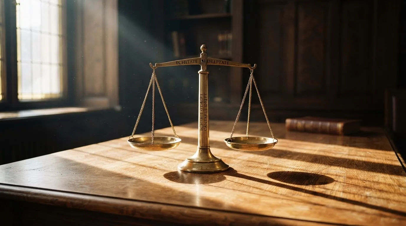 O balanță de alamă pe un birou de lemn, în lumina piezișă a unei ferestre înalte — casinouri online în romania