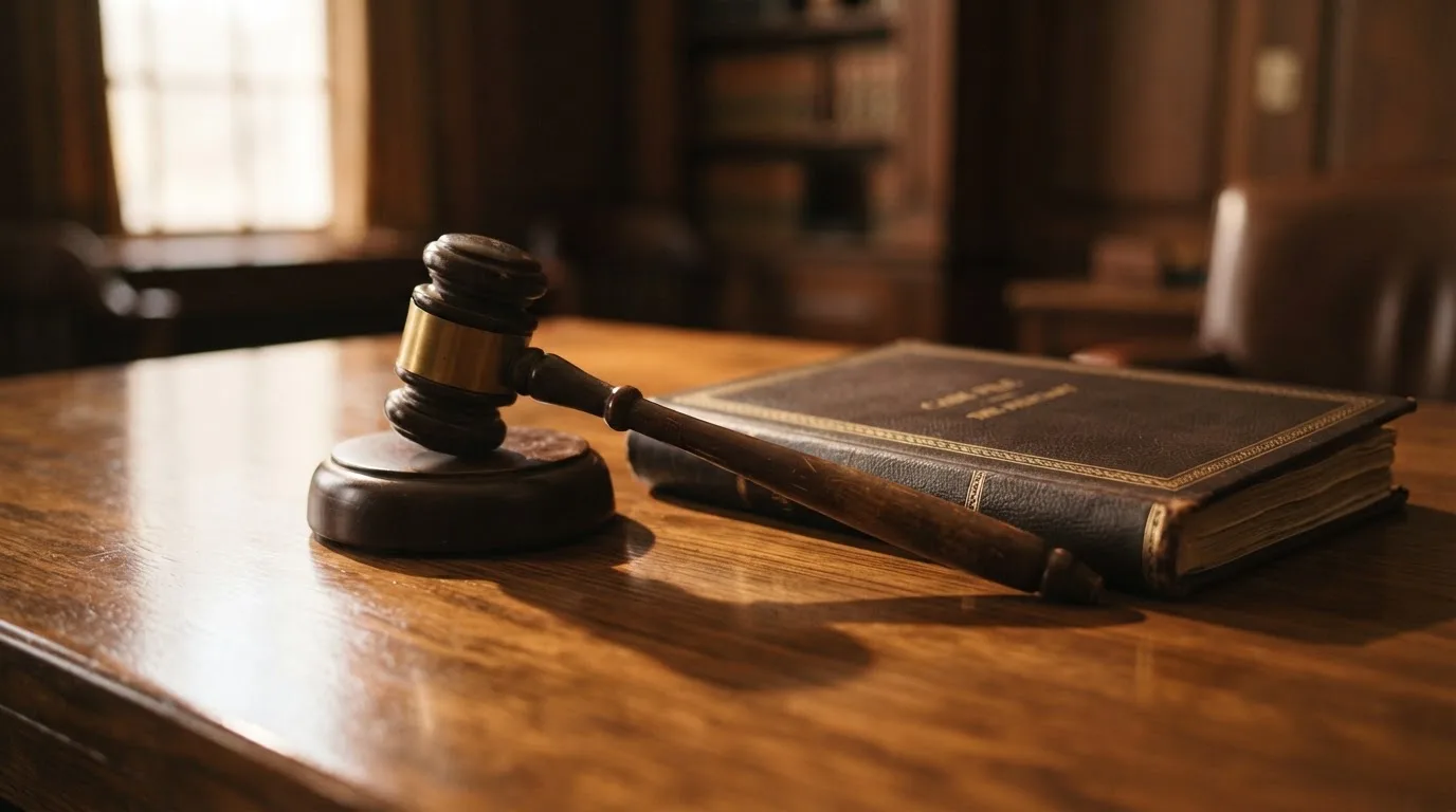 Un ciocan de judecător lângă un dosar de piele închis, pe o masă de nuc lustruit — cazino cu bani reali în românia