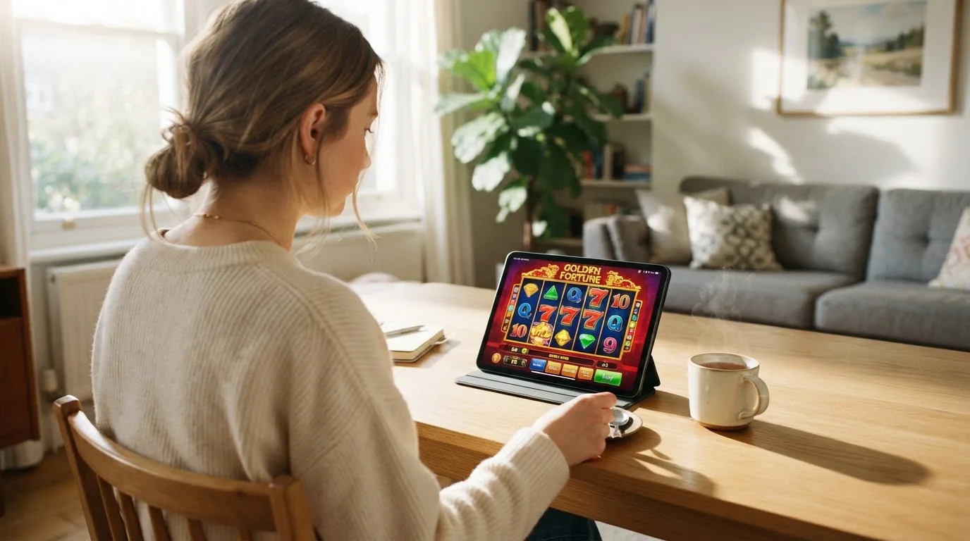 Adult tânăr stă la masa din sufragerie cu o tabletă în față și o cană de ceai, într-o cameră cu lumină naturală puternică.