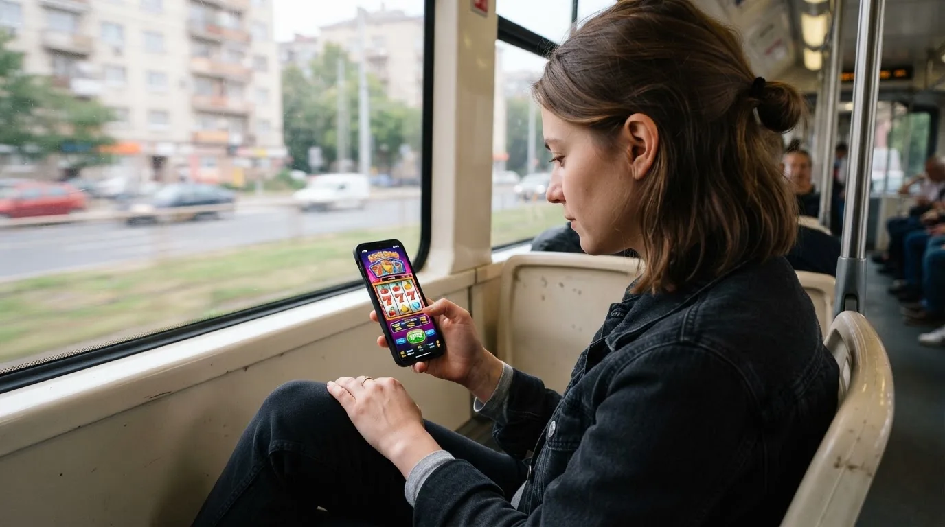 Tânără în tramvai ține telefonul cu ambele mâini și zâmbește, în timp ce afară se văd clădiri neclare în mișcare.