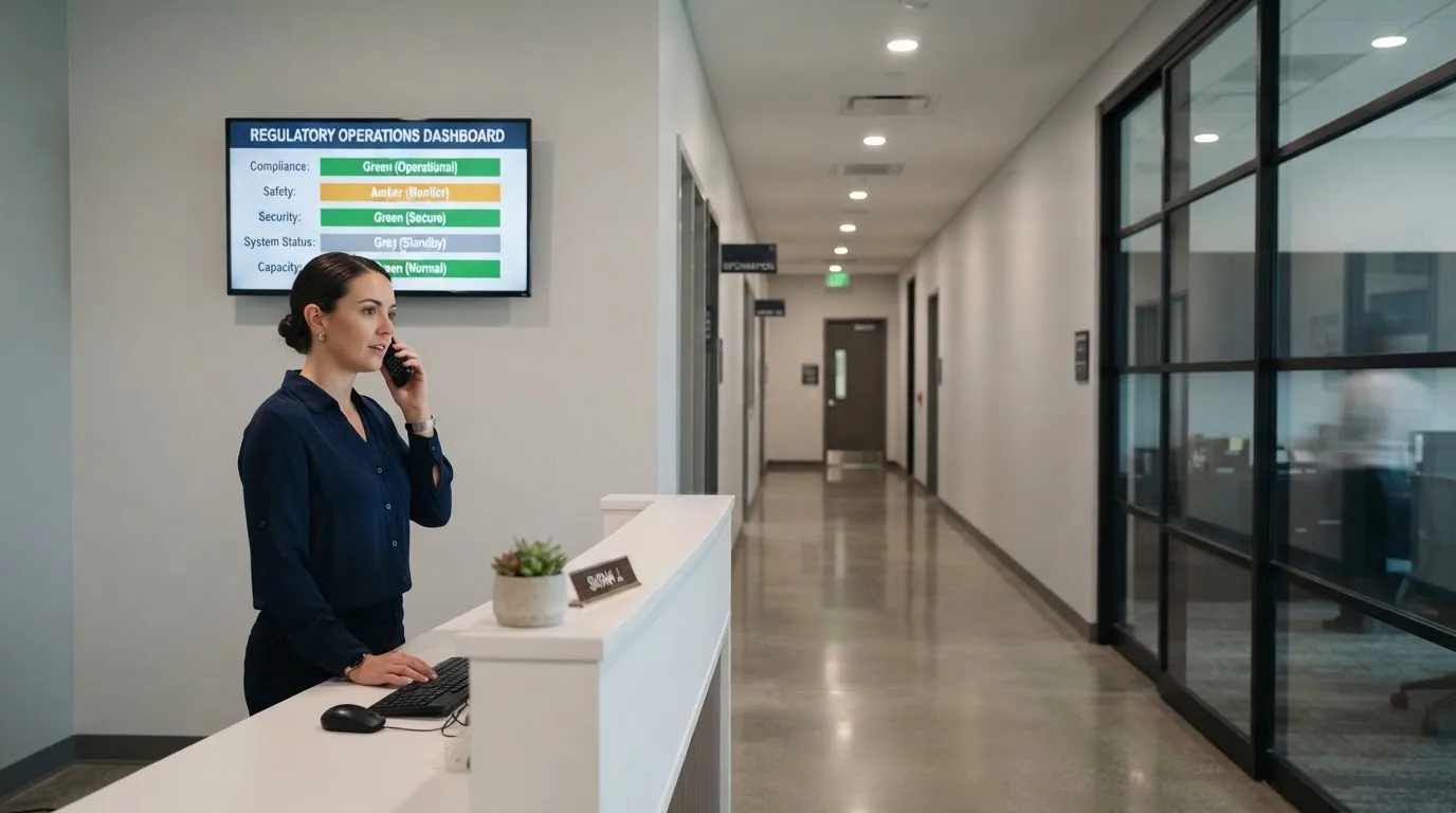 Birou de recepție într-un hol modern, cu un monitor discret pe un perete și o funcționară care răspunde la telefon.