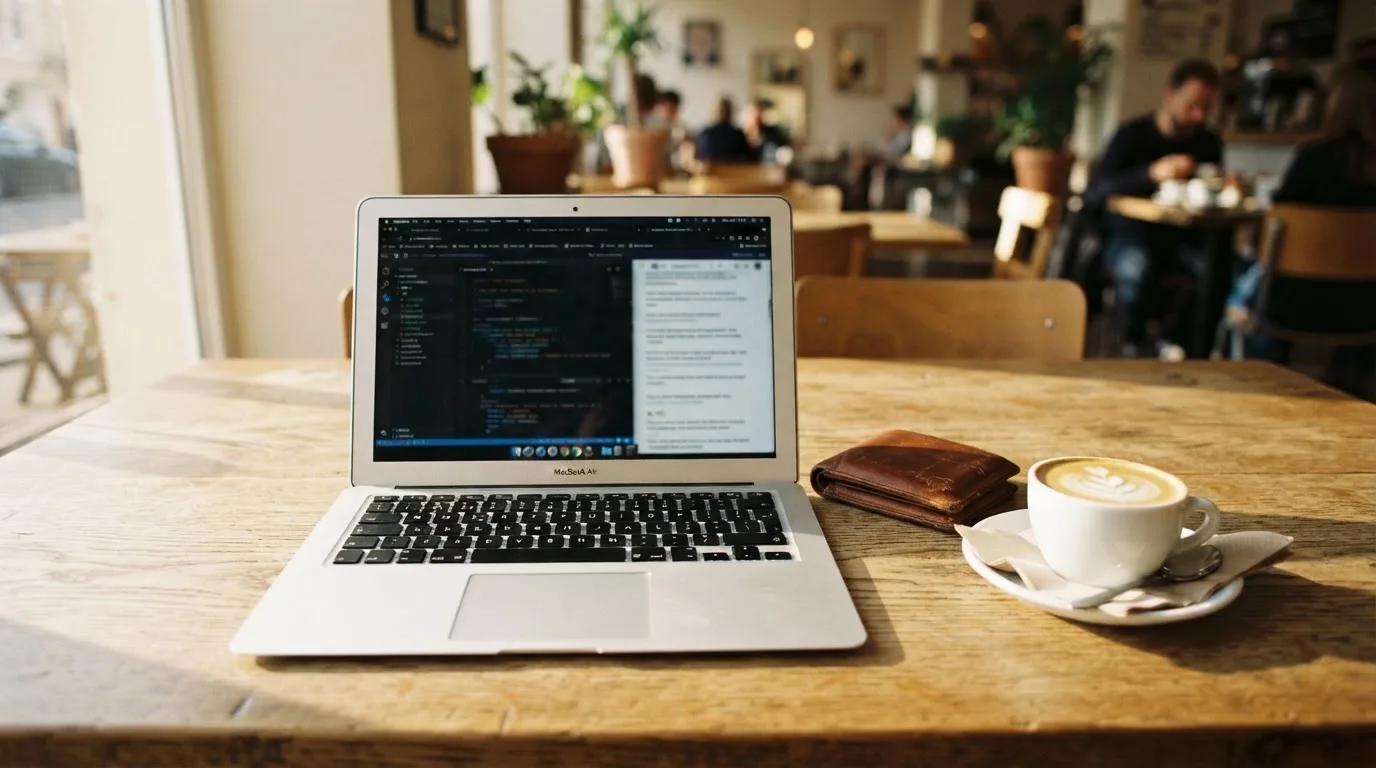 Laptop deschis pe o masă de cafenea, lângă un portofel de piele și o cană, cu lumina după-amiezii pe suprafața mesei.