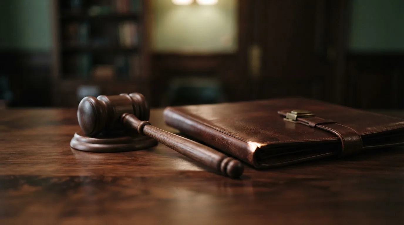 Un ciocan de judecător lângă un dosar de piele închis, pe o masă de nuc lustruit — live blackjack în românia